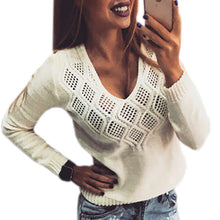 Women's Knitted Sweater V-Neck Hollow Out Pullover Sexy Casual Knitwear Jumper Long Sleeve Sweaters Top GV462