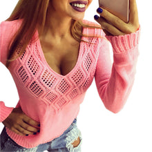 Women's Knitted Sweater V-Neck Hollow Out Pullover Sexy Casual Knitwear Jumper Long Sleeve Sweaters Top GV462