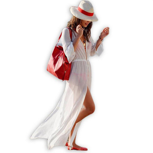 Women's Sexy Beach Cover Up White Beach Dress Long Bikini Cover Up Swimwear Pareo Beach Swimsuit Cover Up Sheer Dress
