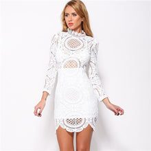 Women's Sexy Club Dress White Black Embroidery Floral Celebrity Bodycon Bandage Dress Long Sleeve Hollow Lace Dress