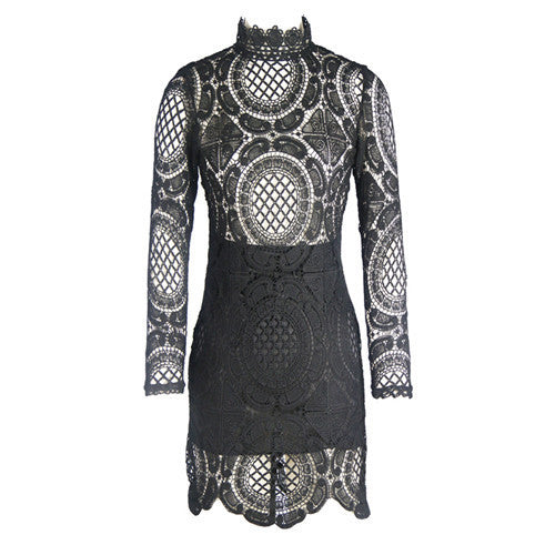 Women's Sexy Club Dress White Black Embroidery Floral Celebrity Bodycon Bandage Dress Long Sleeve Hollow Lace Dress