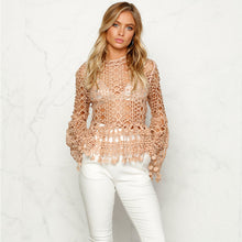 Women's Sexy Hollow Out Lace Blouse Flare Sleeve Tassel Blouses Black White Lace Women Tops Blusas XL