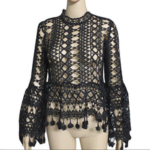 Women's Sexy Hollow Out Lace Blouse Flare Sleeve Tassel Blouses Black White Lace Women Tops Blusas XL