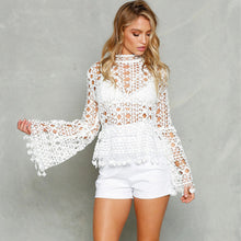 Women's Sexy Hollow Out Lace Blouse Flare Sleeve Tassel Blouses Black White Lace Women Tops Blusas XL