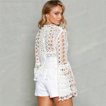 Women's Sexy Hollow Out Lace Blouse Flare Sleeve Tassel Blouses Black White Lace Women Tops Blusas XL