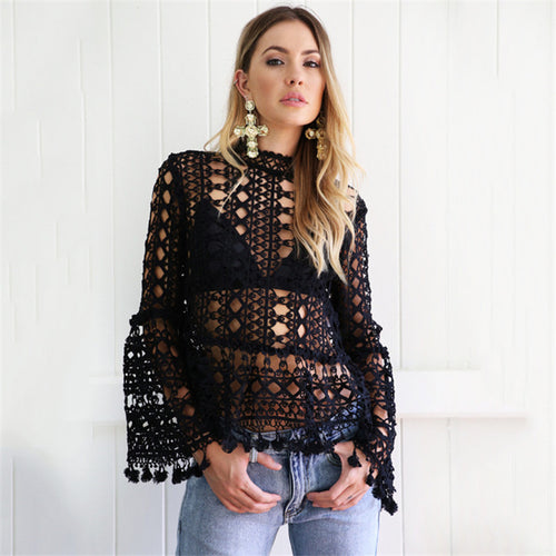 Women's Sexy Hollow Out Lace Blouse Flare Sleeve Tassel Blouses Black White Lace Women Tops Blusas XL