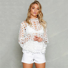 Women's Sexy Hollow Out Lace Blouse Flare Sleeve Tassel Blouses Black White Lace Women Tops Blusas XL