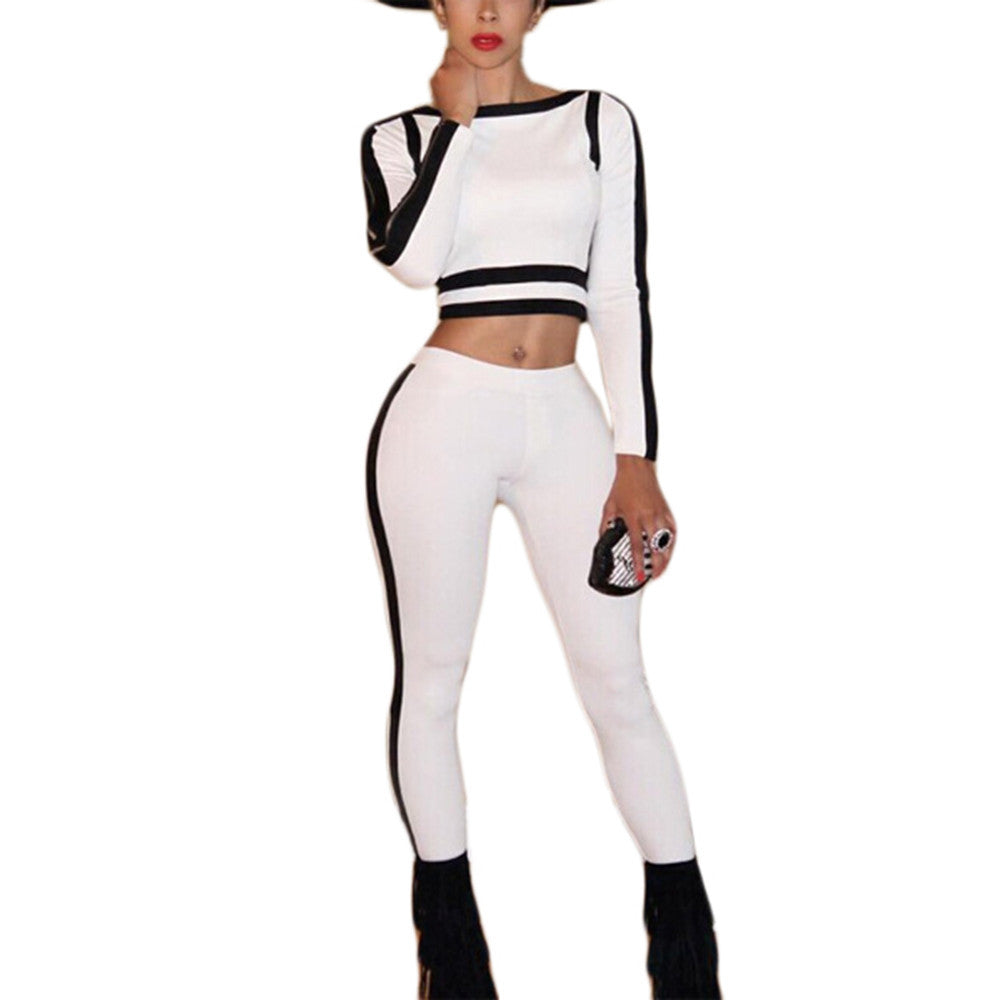 Women's Sexy Two Piece Outfit Black White Patchwork Women Jumpsuit Side Zipper Tracksuit Set Skinny Bodycon Jumpsuit