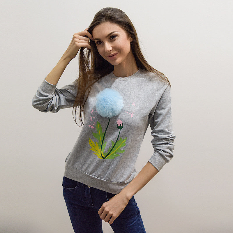 Women's Tracksuit O Neck Casual Pullover Tracksuits Plush Ball Dandelion Printed Sweatshirt Long Sleeve Pull Femme