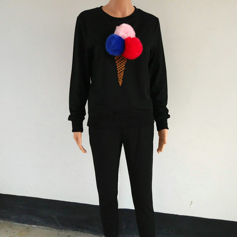 Women's Tracksuit Set Colorful Plush Ball Sweatshirt 2 Piece Set Women Long Sleeve Ice Cream Tracksuits For Women XL