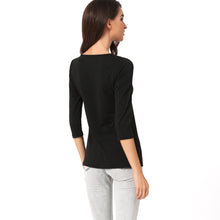 womens-casual-tees-t-shirt-tops-ladies-black-crisscross-3-4-sleeve-elegant-ladies-cut-out-t-shirt-blusas-femininas BBL