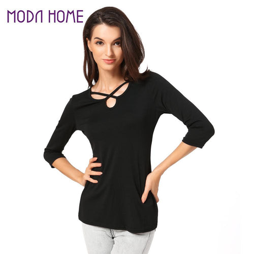 womens-casual-tees-t-shirt-tops-ladies-black-crisscross-3-4-sleeve-elegant-ladies-cut-out-t-shirt-blusas-femininas BBL
