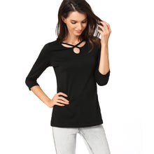 womens-casual-tees-t-shirt-tops-ladies-black-crisscross-3-4-sleeve-elegant-ladies-cut-out-t-shirt-blusas-femininas BBL