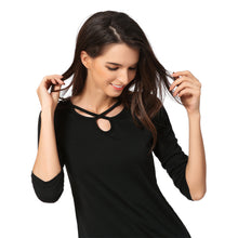 womens-casual-tees-t-shirt-tops-ladies-black-crisscross-3-4-sleeve-elegant-ladies-cut-out-t-shirt-blusas-femininas BBL