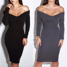 Womens Sexy Bodycon Dress Deep V Knit Off Shoulder Dress Women Elegant Party Dress Knee-length Long Sleeve Lady Dresses