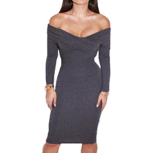 Womens Sexy Bodycon Dress Deep V Knit Off Shoulder Dress Women Elegant Party Dress Knee-length Long Sleeve Lady Dresses