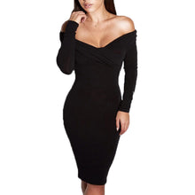 Womens Sexy Bodycon Dress Deep V Knit Off Shoulder Dress Women Elegant Party Dress Knee-length Long Sleeve Lady Dresses