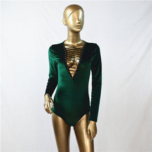 Womens Sexy Lacing Up Bodysuit Top Long Sleeve Deep V Neck Club Bodysuit Women Velvet Body Top For Women