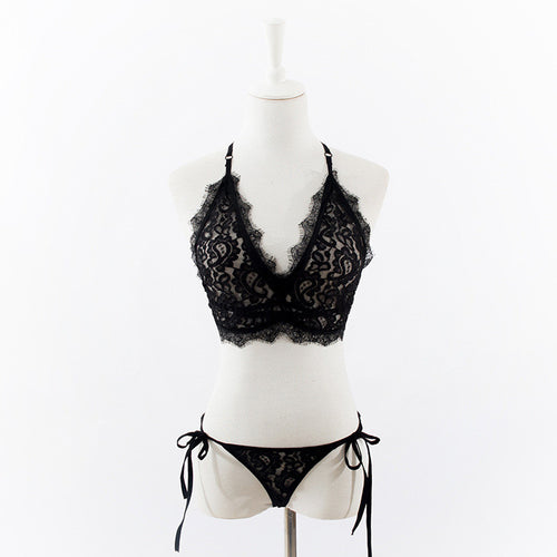 Womens Sexy Lingerie Black Lace Erotic Lingerie For Women 2 Piece Lingerie Set Strappy Bra + Sexy Thongs Lenceria Erotica