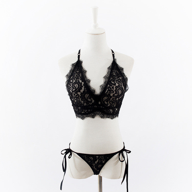 Womens Sexy Lingerie Black Lace Erotic Lingerie For Women 2 Piece Lingerie Set Strappy Bra + Sexy Thongs Lenceria Erotica