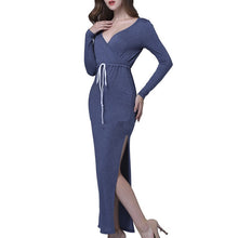 Womens Sexy Side Split Long Dress Deep V Neck Slim Party Dresses Long Sleeve Knitted Dress Plus Size Robe Femme Vestidos