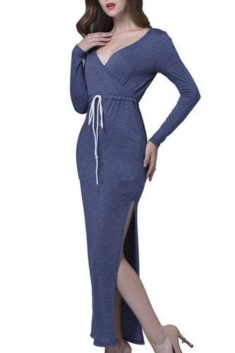 Womens Sexy Side Split Long Dress Deep V Neck Slim Party Dresses Long Sleeve Knitted Dress Plus Size Robe Femme Vestidos