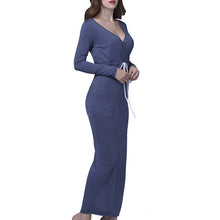 Womens Sexy Side Split Long Dress Deep V Neck Slim Party Dresses Long Sleeve Knitted Dress Plus Size Robe Femme Vestidos