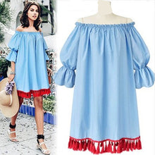 XL-5XL Big Sized Loose Women Dress Off Shoulder Dress Lantern Sleeve Tassel Dress Plus Size Women Clothing