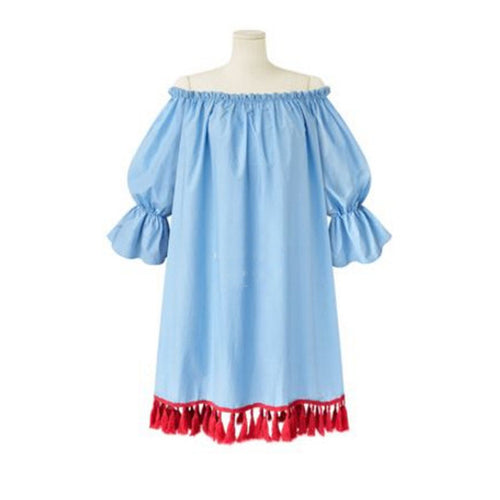 XL-5XL Big Sized Loose Women Dress Off Shoulder Dress Lantern Sleeve Tassel Dress Plus Size Women Clothing
