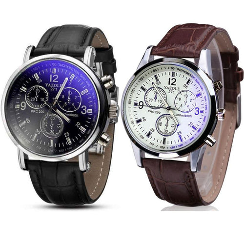 2pc Luxury Fashion Faux Leather Mens Blue Ray Glass Quartz Analog Watches Quartz-watch Relogio Masculino Feminino Montre