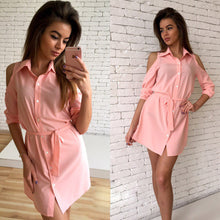 Young Ladies' Off Shoulder Shirt Dress Three Quarter Turn Down Collar Solid Slim Fit Mini Dress Vestdiso Plus Size LX227