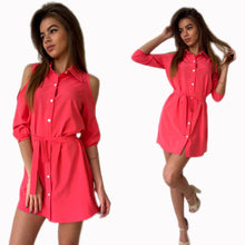 Young Ladies' Off Shoulder Shirt Dress Three Quarter Turn Down Collar Solid Slim Fit Mini Dress Vestdiso Plus Size LX227