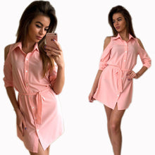 Young Ladies' Off Shoulder Shirt Dress Three Quarter Turn Down Collar Solid Slim Fit Mini Dress Vestdiso Plus Size LX227
