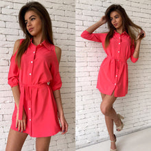 Young Ladies' Off Shoulder Shirt Dress Three Quarter Turn Down Collar Solid Slim Fit Mini Dress Vestdiso Plus Size LX227