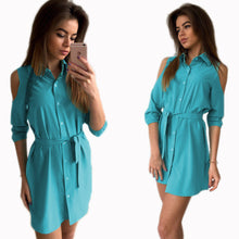 Young Ladies' Off Shoulder Shirt Dress Three Quarter Turn Down Collar Solid Slim Fit Mini Dress Vestdiso Plus Size LX227