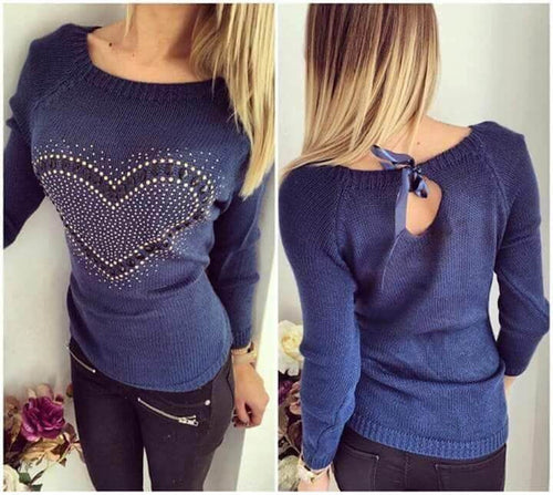 Young Ladies' Sweet Heart Pachwork Solid O Neck Long Sleeves Pullovers Knitted Sweater With Back Bow Tops