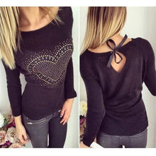 Young Ladies' Sweet Heart Pachwork Solid O Neck Long Sleeves Pullovers Knitted Sweater With Back Bow Tops