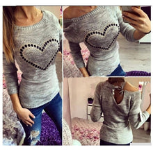 Young Ladies' Sweet Heart Pachwork Solid O Neck Long Sleeves Pullovers Knitted Sweater With Back Bow Tops