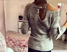 Young Ladies' Sweet Heart Pachwork Solid O Neck Long Sleeves Pullovers Knitted Sweater With Back Bow Tops