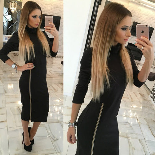 Zippers Side Split Sexy Bodycon Sheath Dress Women Midi Dresses Solid Long Sleeve Femme Pencil Tight Dress GV324