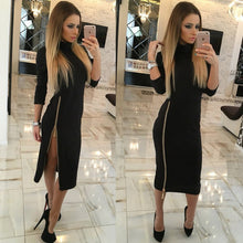 Zippers Side Split Sexy Bodycon Sheath Dress Women Midi Dresses Solid Long Sleeve Femme Pencil Tight Dress GV324