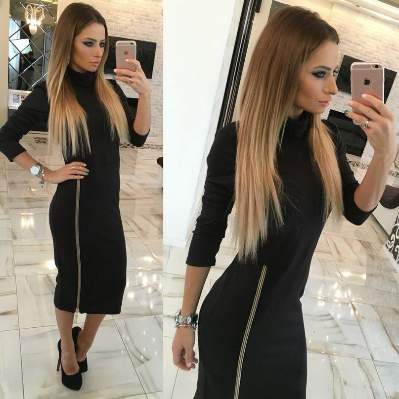 Zippers Side Split Sexy Bodycon Sheath Dress Women Midi Dresses Solid Long Sleeve Femme Pencil Tight Dress GV324
