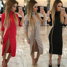Zippers Side Split Sexy Bodycon Sheath Dress Women Midi Dresses Solid Long Sleeve Femme Pencil Tight Dress GV324