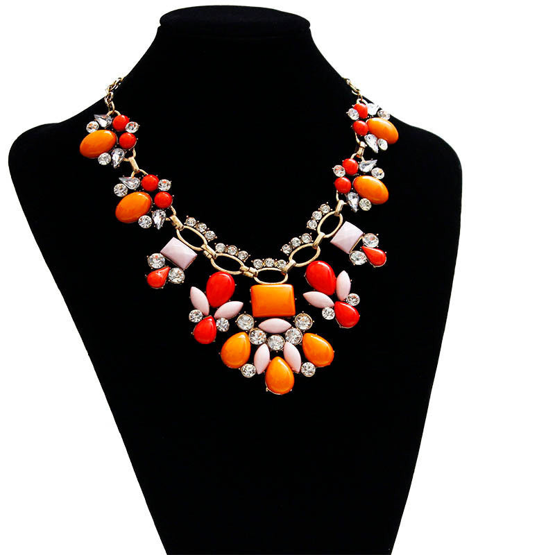Women Sweet Bohemian Elegant Bib Statement Choker Necklace & Pendants Orange Red Patchwork