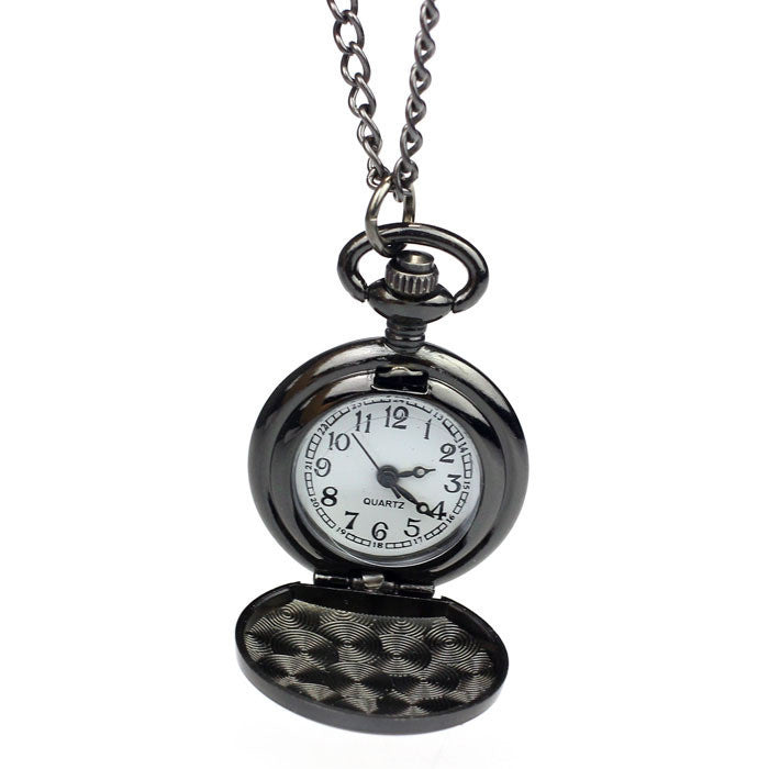 Vintage Black Roman-Numerals Stainless Steel Quartz Pocket Watch ping