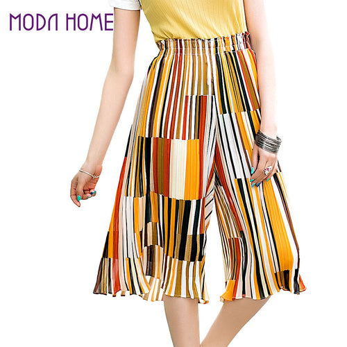 pants-women-contrastcolor-stripe-pleated-loose-plus-size-elastic-waist-trousers-print-wide-leg-pants BBL
